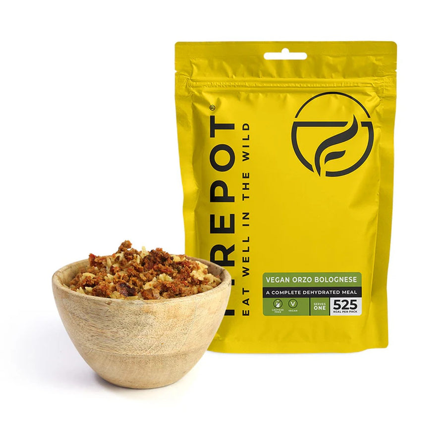 Repas lyophilisé végétalien 18 Firepot Orzo bolognaise, parfait pour cyclistes et activités outdoor