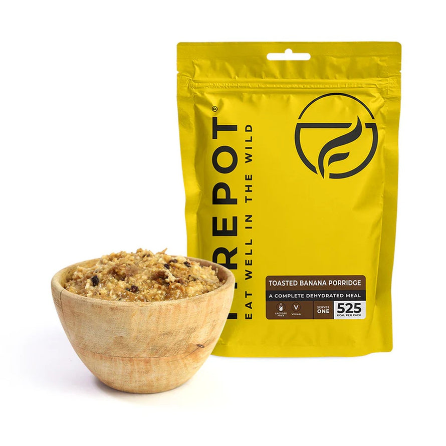 Repas lyophilise Firepot Porridge bananes grillees de la marque 18, ideal pour cyclistes et randonneurs