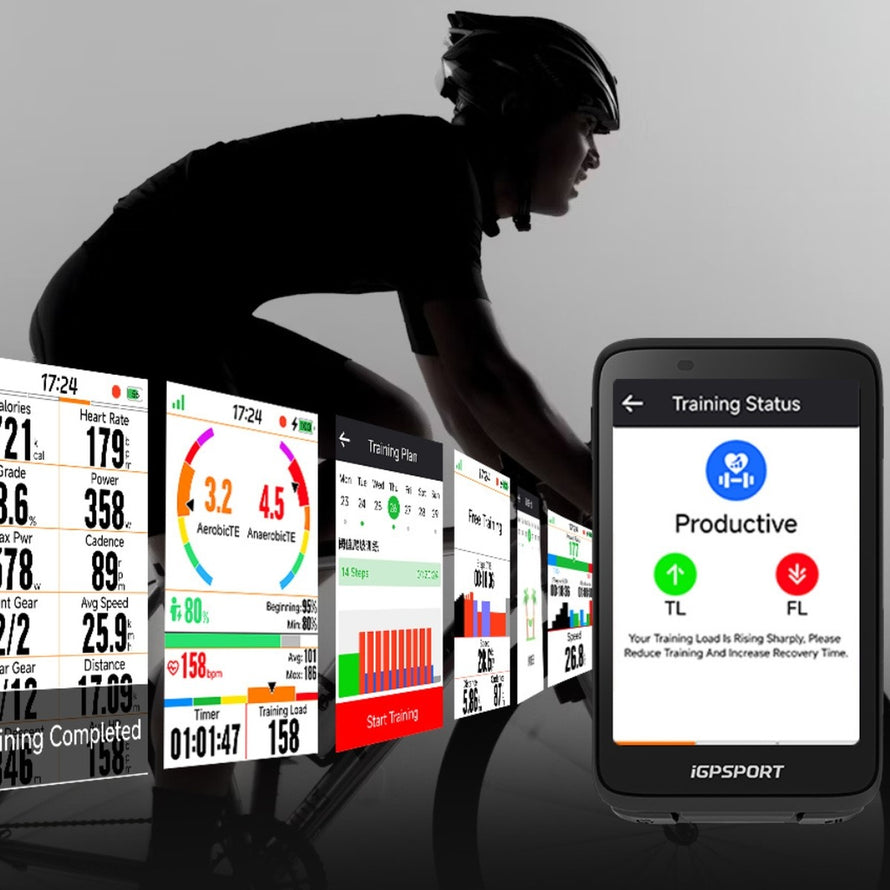 Compteur vélo GPS 222 iGPSPORT BiNavi affichant le statut d'entrainement et les indicateurs de performance