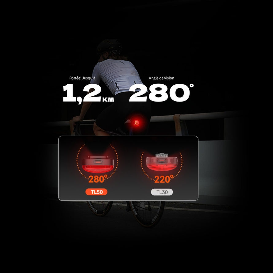 Feu arriere velo 222 TL50 rouge rechargeable USB-C avec angle de vision large 280 degres pour securite optimale