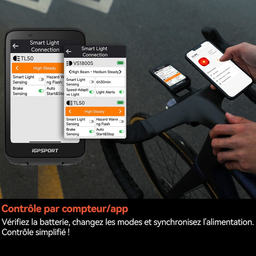 Feu arriere velo 222 TL50 rouge rechargeable USB-C avec controle via application pour securite et gestion facile