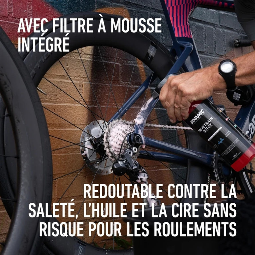 Dégraissant transmission vélo 444 Dynamic Drivetrain Detox avec mousse active et filtre intégré pour un nettoyage sans risque