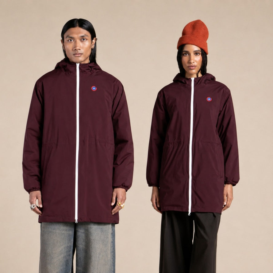Imperméable long vélo mixte 998 modèle Amelot Flotte bordeaux avec capuche et zip blanc pour protection pluie