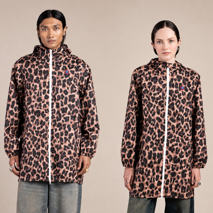Veste de pluie imperméable 998 Amelot Flotte unisexe motif léopard avec capuche et zip blanc