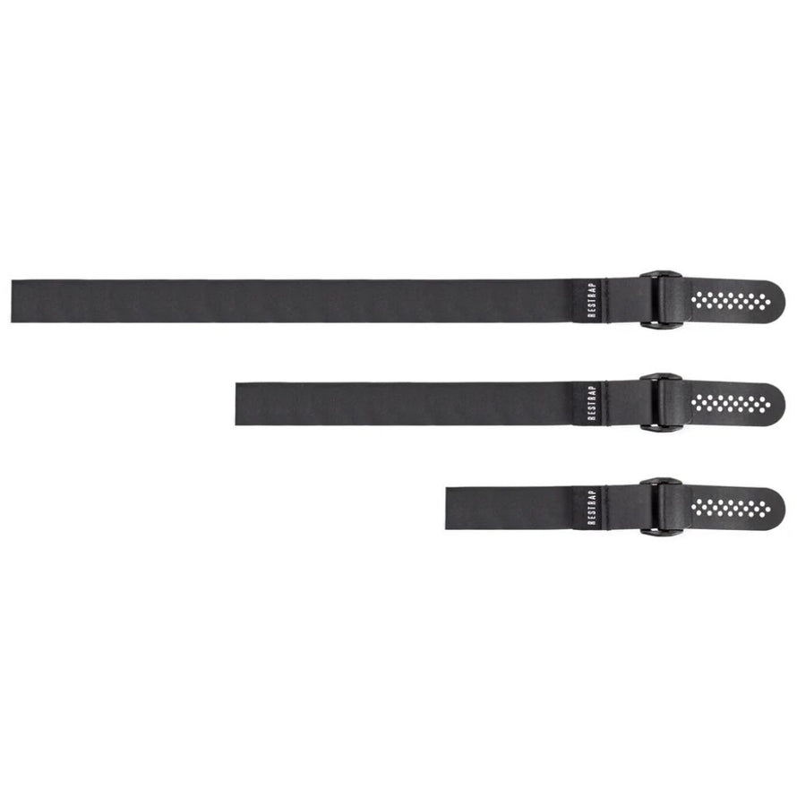 Comparaison des trois longueurs Restrap Fast Straps (25, 45 et 65 cm) pour visualiser les différents usages possibles