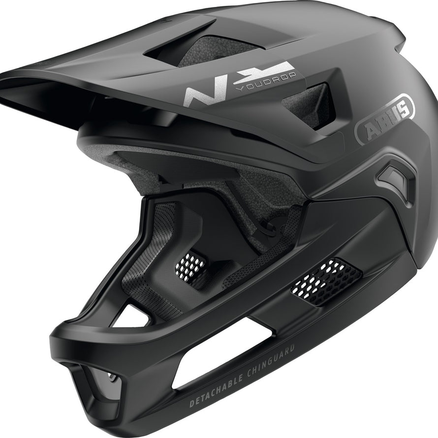 Casque integral VTT enfant Youdrop FF de la marque Abus en finition noir mat, protection optimale et design moderne