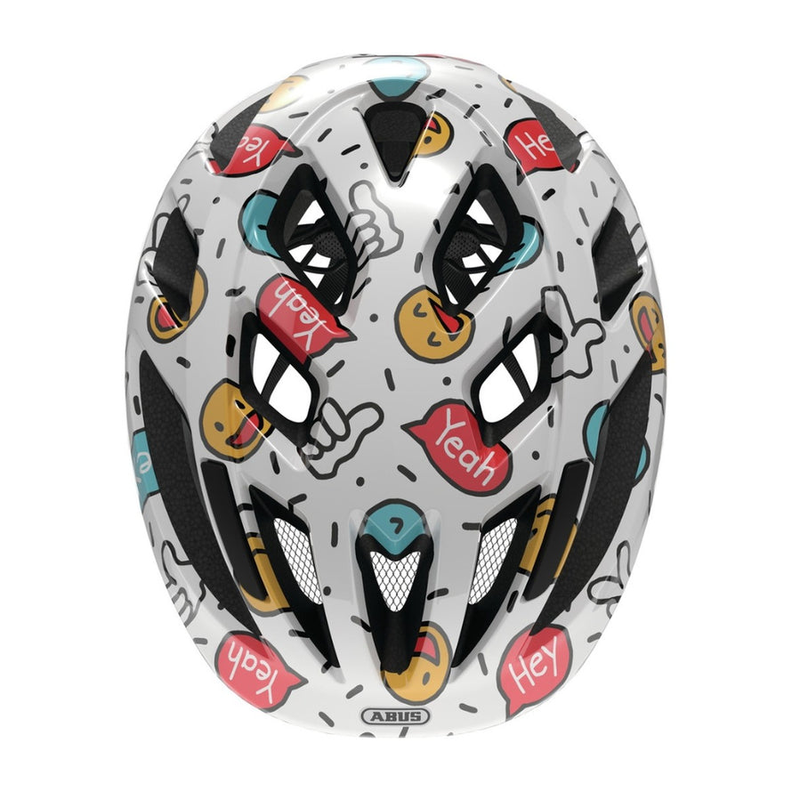 Casque vélo enfant Abus Smooty 2.0 blanc avec motifs emojis et bulles pour confort et sécurité en siège vélo