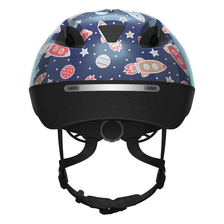 Casque vélo enfant Abus Smooty 2.0 bleu avec motifs fusées vue arrière pour siège vélo sécurisé