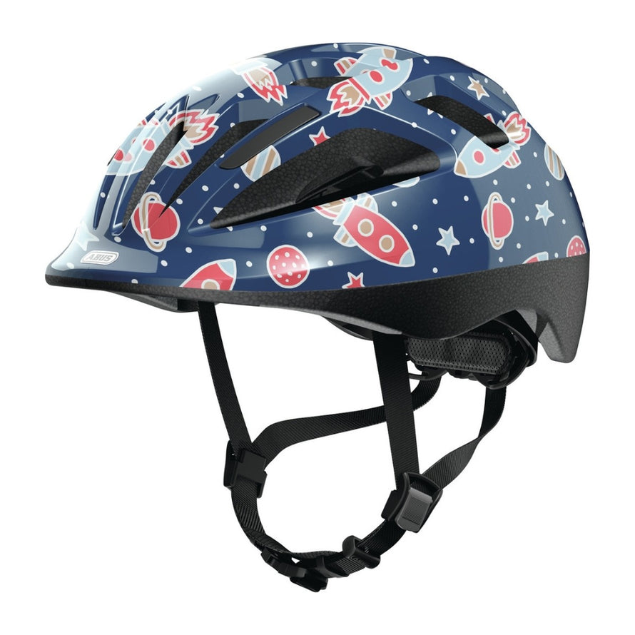 Casque vélo enfant Abus Smooty 2.0 bleu avec motifs fusées pour sécurité optimale en siège vélo