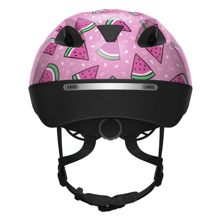 Casque vélo enfant Abus Smooty 2.0 rose avec motifs pastèque vue arrière pour sécurité et confort