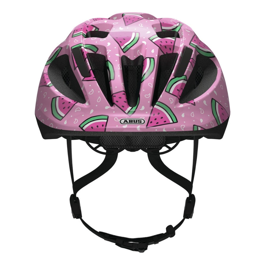 Casque vélo enfant Abus Smooty 2.0 rose avec motifs pastèque pour sécurité et confort en siège vélo