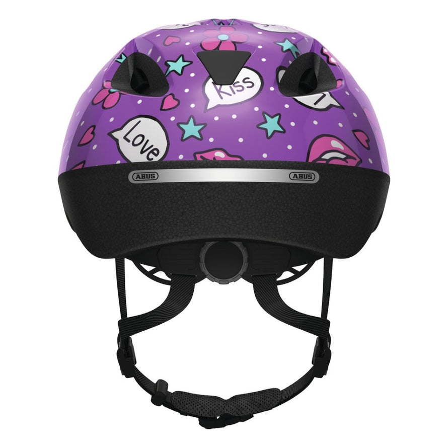 Casque vélo enfant Abus Smooty 2.0 violet avec motifs love et kiss pour siège vélo sécurisé