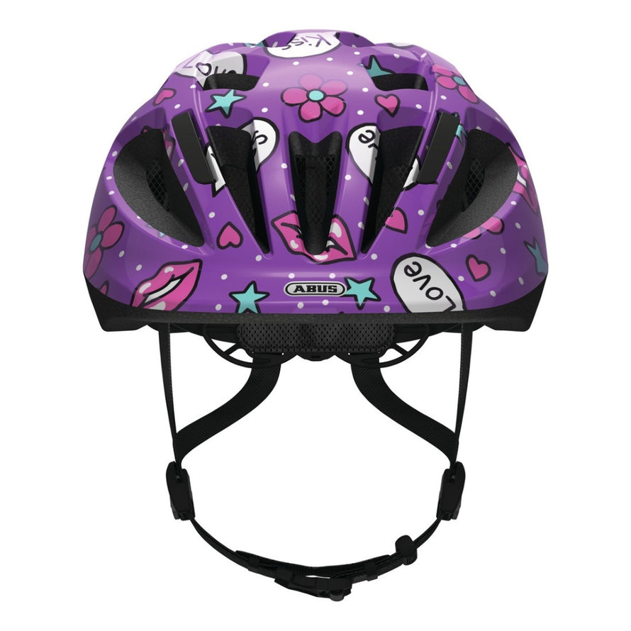 Casque vélo enfant Abus Smooty 2.0 violet avec motifs colorés pour siège vélo sécurisé