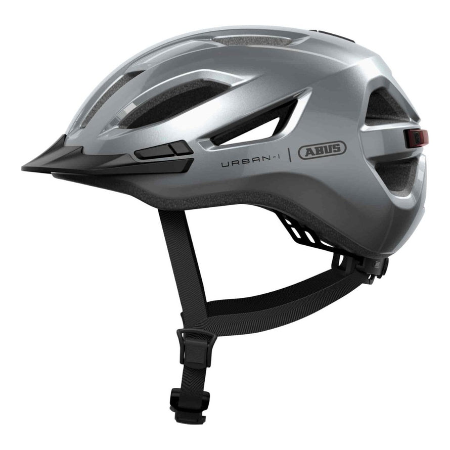 Casque vélo Abus Urban-I 4.0 argent avec lumière arrière intégrée pour sécurité et confort urbain