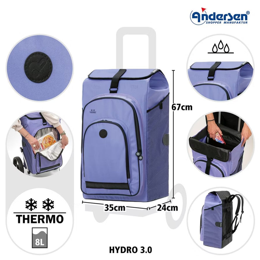 Sac Hydro Andersen 62L violet avec poche isotherme, robuste et pratique pour vélo et courses, design moderne et fonctionnel