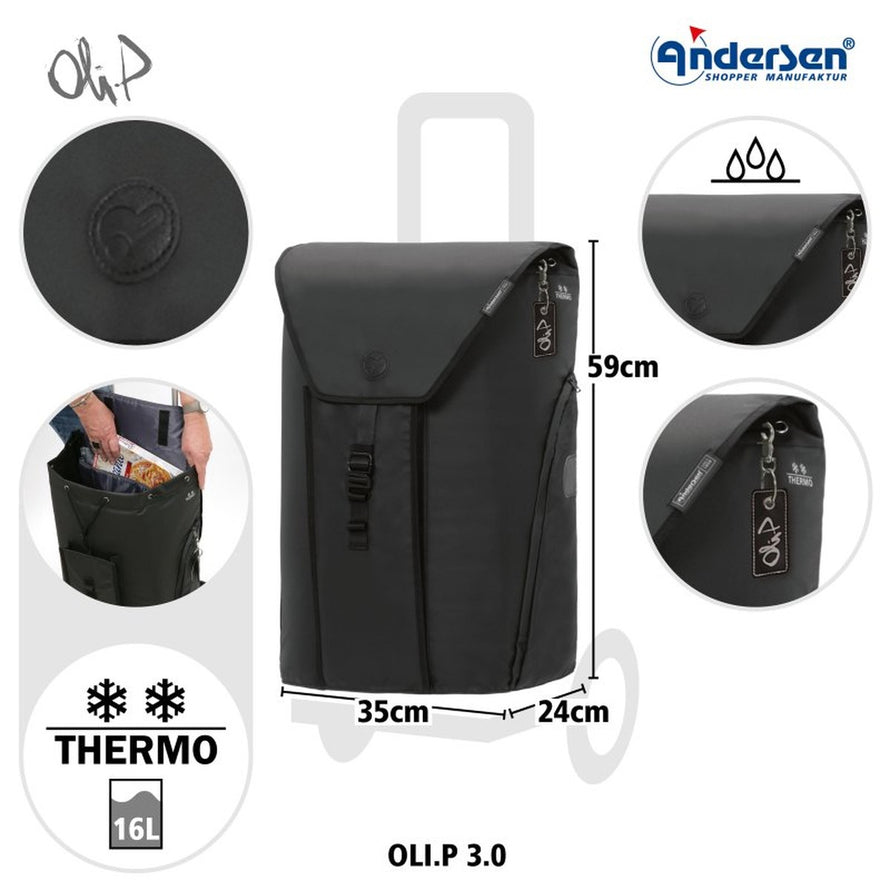 Sac isotherme noir Andersen Oli.P 3.0 pour caddie vélo Shopper 50L, maintien frais et étanche pour courses