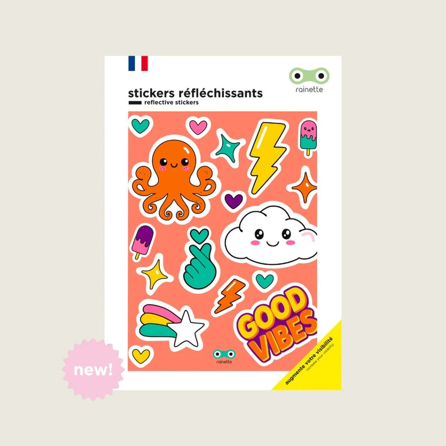 Autocollants réfléchissants vélo Rainette modèle Good Vibes pour sécurité et style coloré et ludique