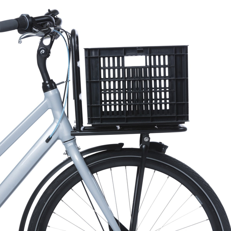 Caisse velo Basil MIK Crate 29,5L noire avec fixation porte-bagages pour un transport urbain facile et sécurisé