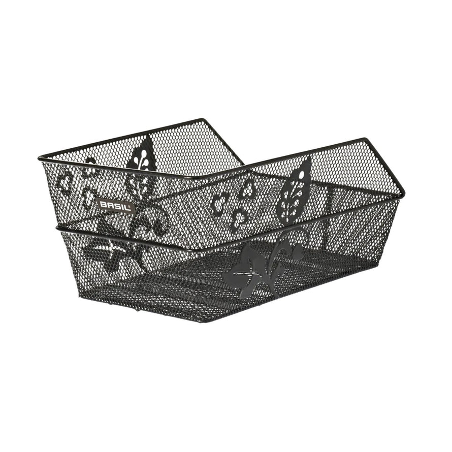 Panier vélo arrière fixe Basil Cento Flower en métal noir avec motif floral pour porte-bagages
