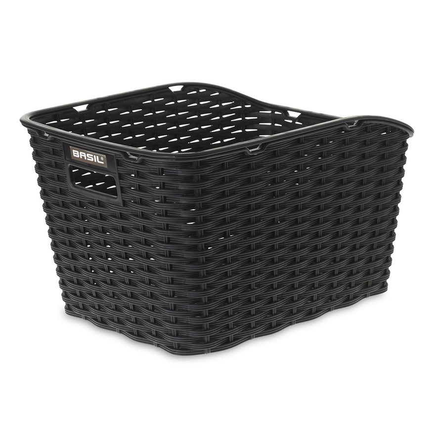 Panier vélo arrière fixe Basil Weave WP noir pour porte-bagages, résistant et pratique pour transporter vos affaires