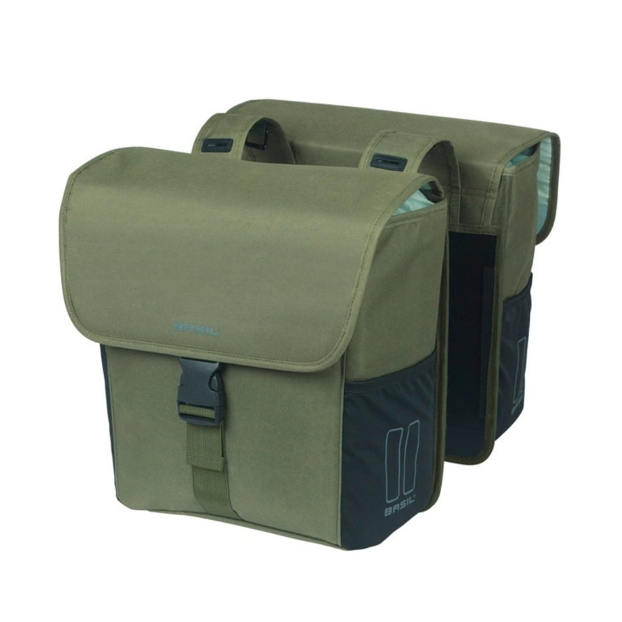 Sacoche double vélo Basil GO amovible 2x16L vert kaki avec fermeture à clip et poches latérales