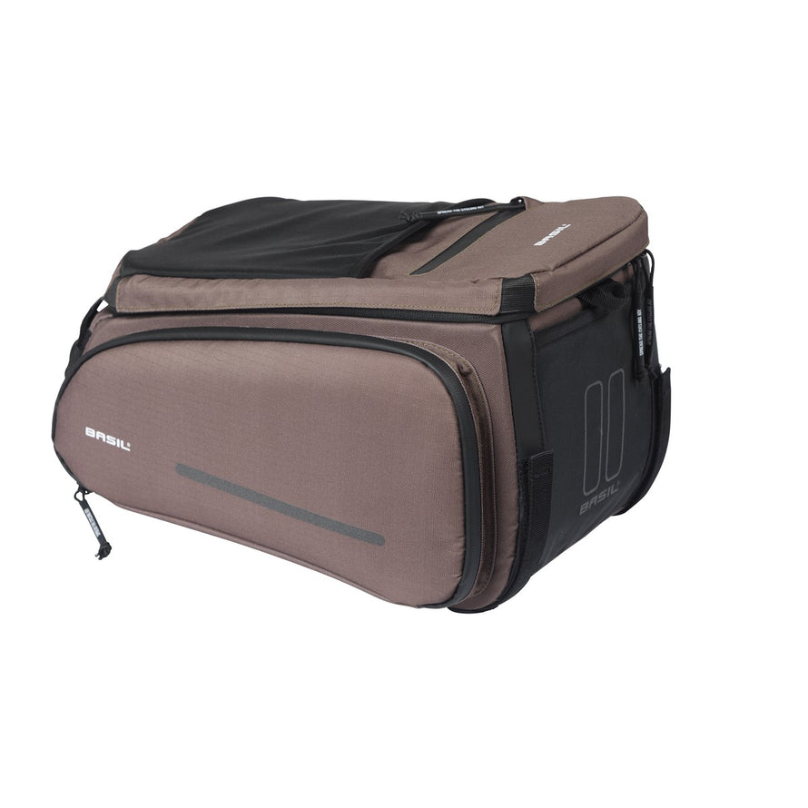 Sacoche vélo Basil Move Trunkbag 10-26L marron compatible porte-bagages MIK, design modulable et robuste pour cyclistes urbains