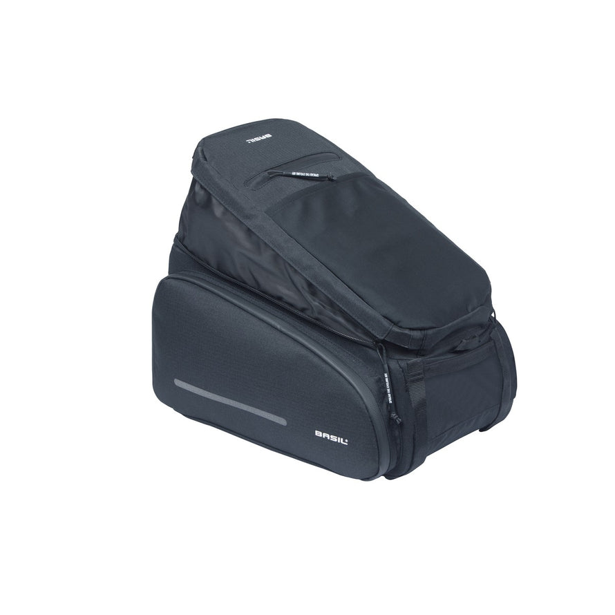Sacoche vélo Basil Move Trunkbag 10-26L noire, compatible porte-bagages MIK, design compact et modulable pour cyclistes urbains