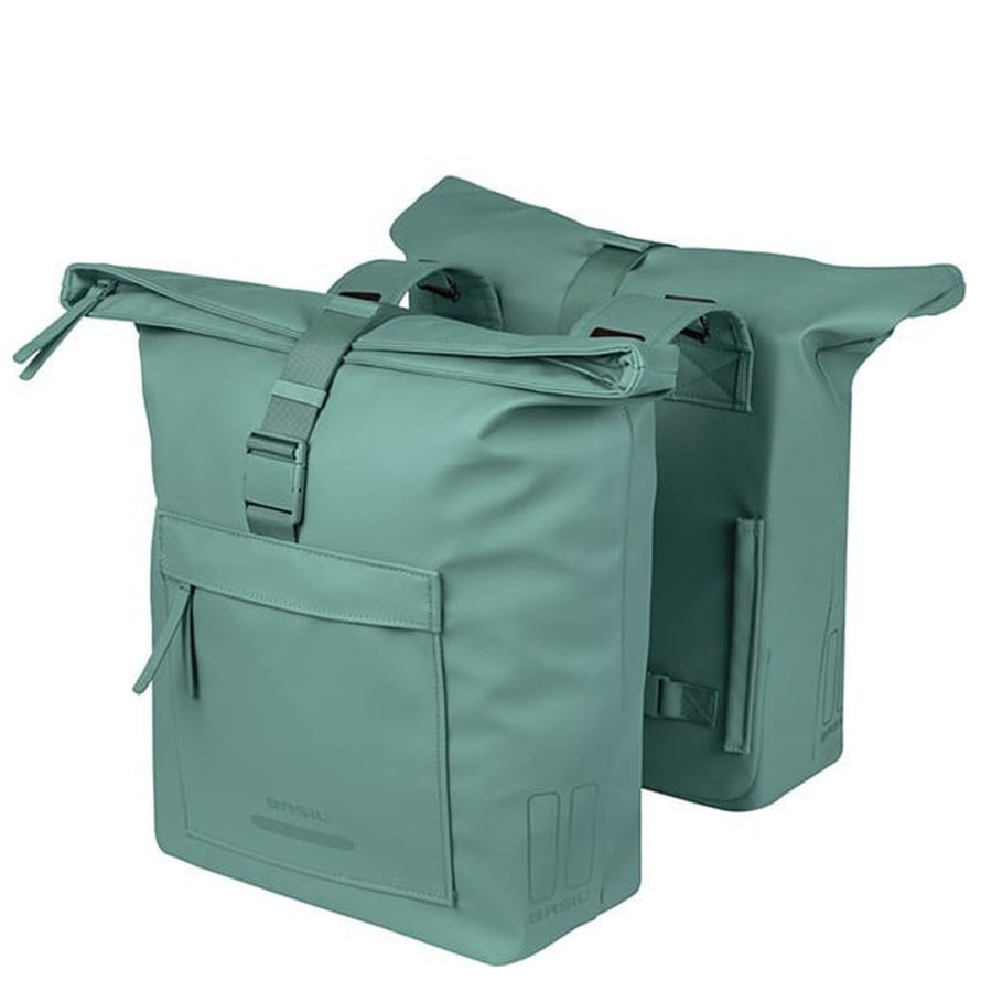 Sacoches doubles Basil Brooklyn 2 x 20,5L vert, étanches et pratiques pour transport urbain à vélo