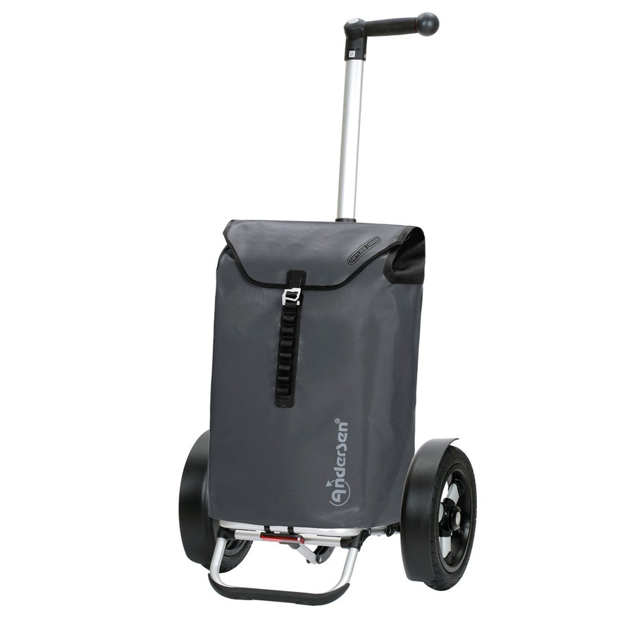 Caddie pour velo Andersen Tura avec sac etanche Ortlieb gris, ideal pour courses et transport facile