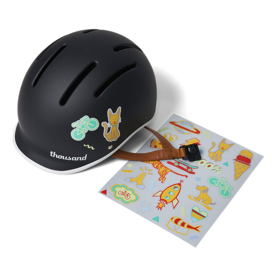 Casque vélo enfant Thousand Jr noir avec planche d’autocollants personnalisables