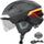 Casque vélo Abus Hyp-E noir avec visière intégrée et feu arrière LED clignotant.