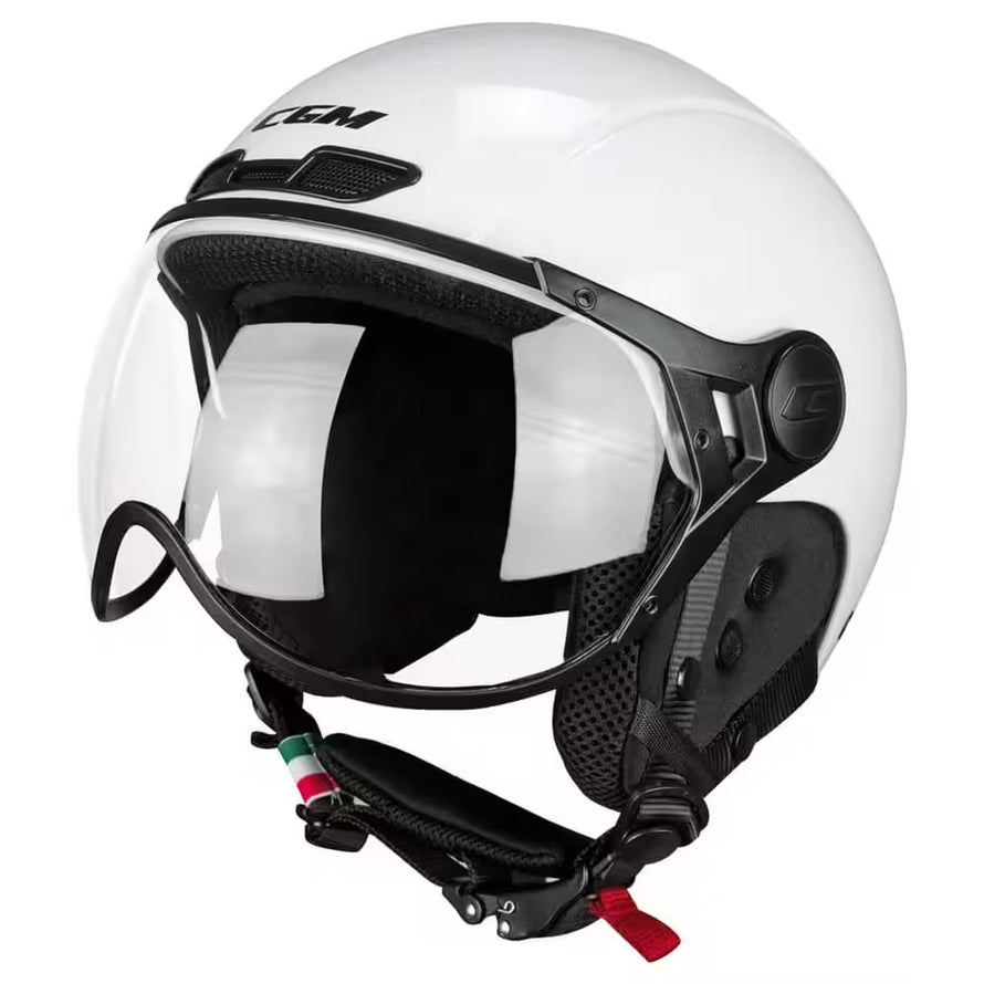 Casque vélo CGM Ebi Mono blanc avec visière et oreillettes amovibles, marque 20, alliant confort et sécurité