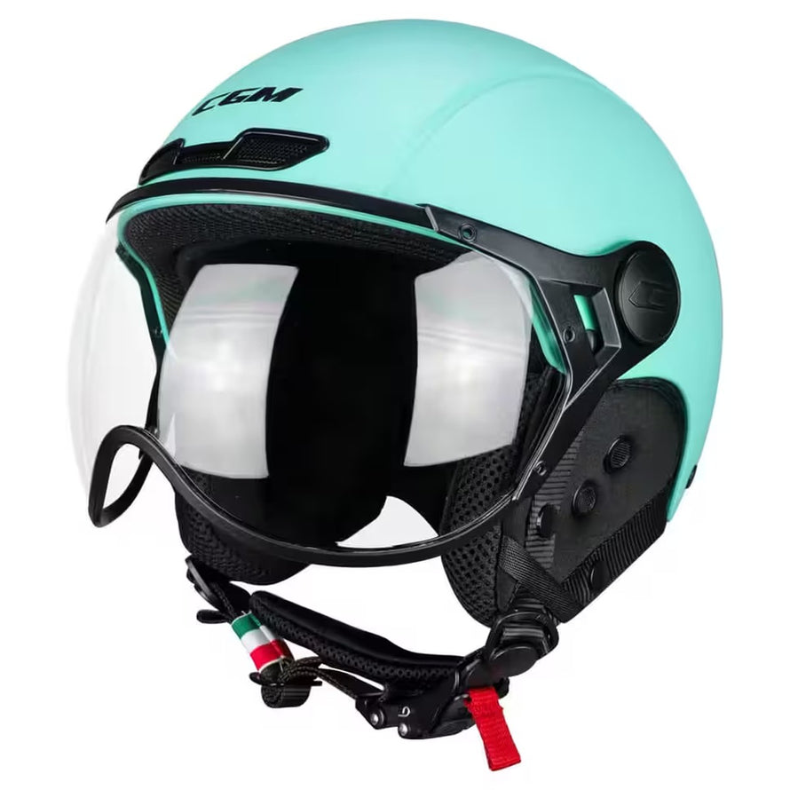 Casque vélo CGM Ebi Mono bleu avec visière et oreillettes amovibles, marque 20, alliant confort et sécurité