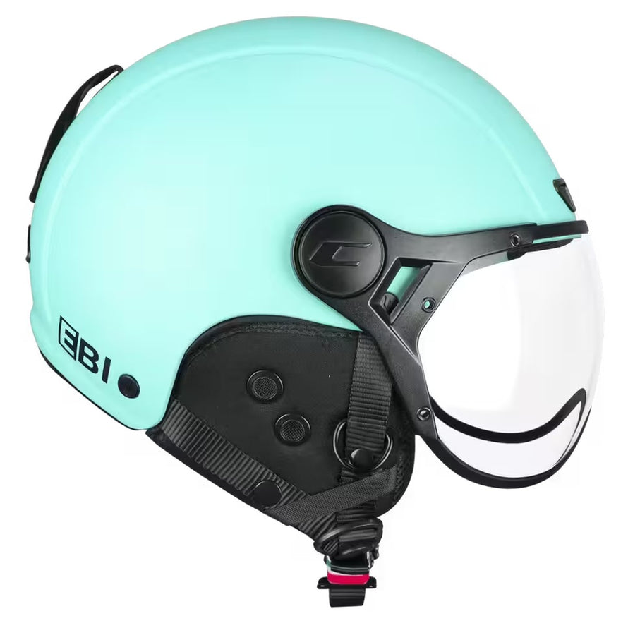 Casque vélo CGM Ebi Mono bleu turquoise avec visière et oreillettes amovibles, marque 20, pour sécurité et confort