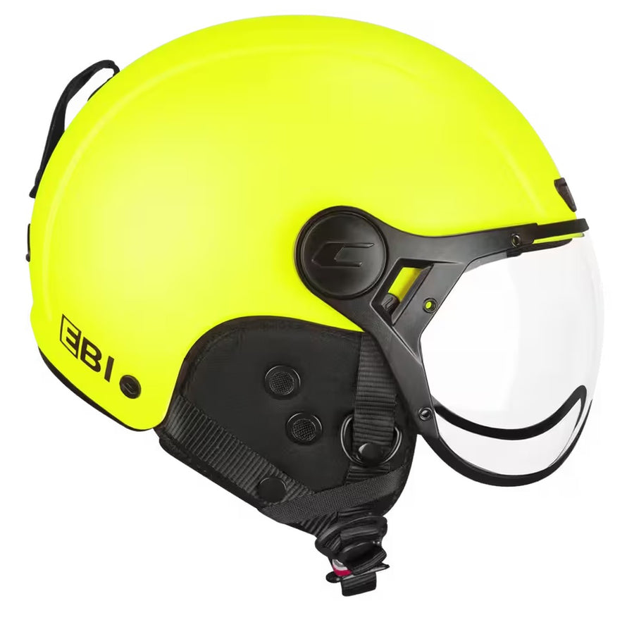 Casque velo CGM Ebi Mono jaune fluo avec visiere et oreillettes amovibles, marque 20, securite et style urbain