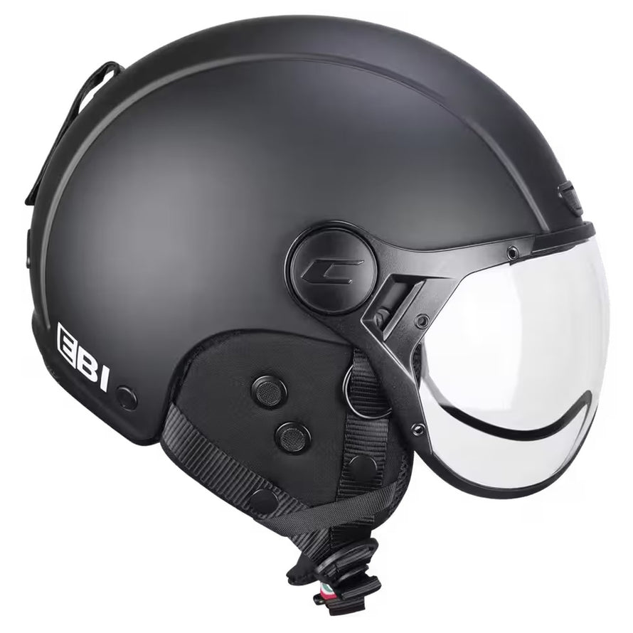 Casque vélo CGM Ebi Mono noir mat avec visière et oreillettes amovibles, modèle 20 pour confort et sécurité