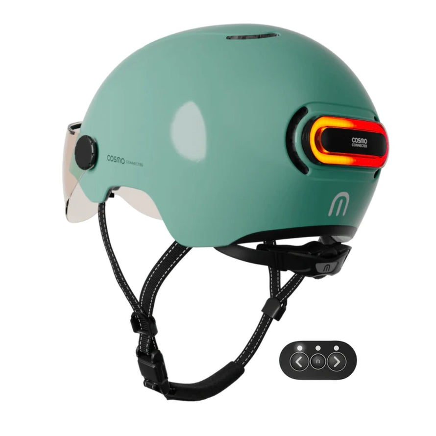 Casque vélo connecté Cosmo Connected Fusion vert avec feu arrière lumineux et télécommande pour sécurité renforcée