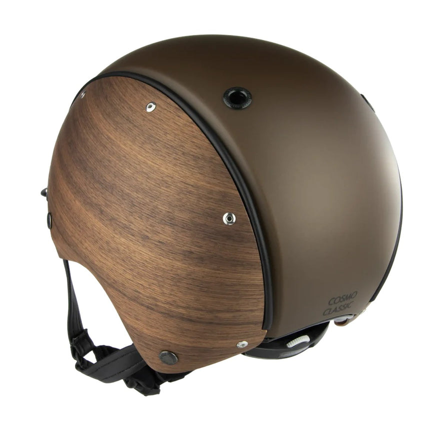 Casque velo Cosmo Classic Casco marron effet bois avec sangle noire, style vintage et securite optimale
