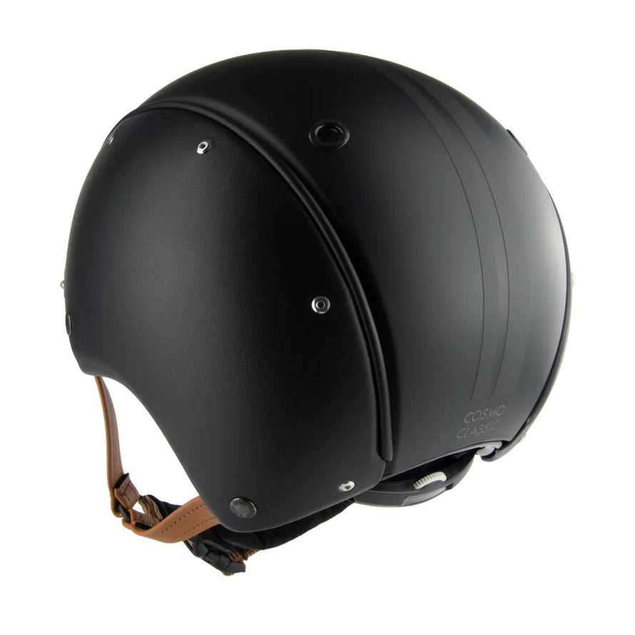 Casque vélo Cosmo Classic Casco noir avec sangle cuir marron, style vintage et sécurité renforcée