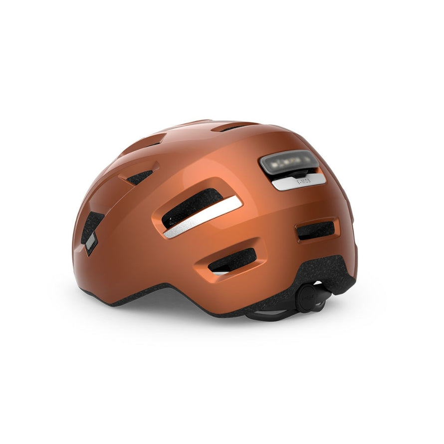 Casque Met E-Mob cuivre mat fonce avec feu integre pour velo electrique, securite et confort assures