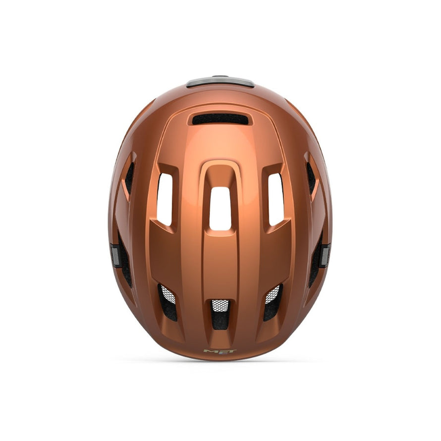 Casque MET E-Mob cuivre metal avec feu integre, securite et confort pour velo electrique moderne