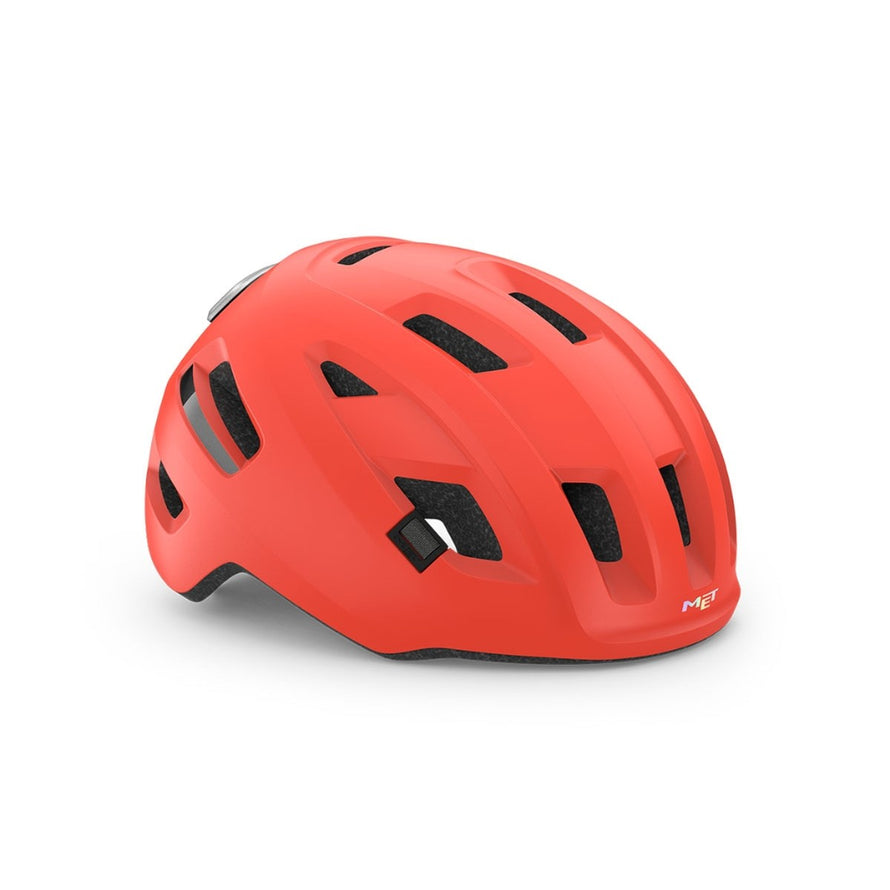 Casque Met E-Mob rouge mat avec feu integre pour velo electrique, alliant securite et style moderne