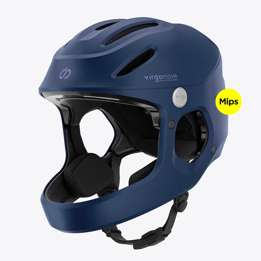 Casque vélo électrique Virgo Access Mips bleu avec mentonnière protectrice et aérations pour un meilleur confort.