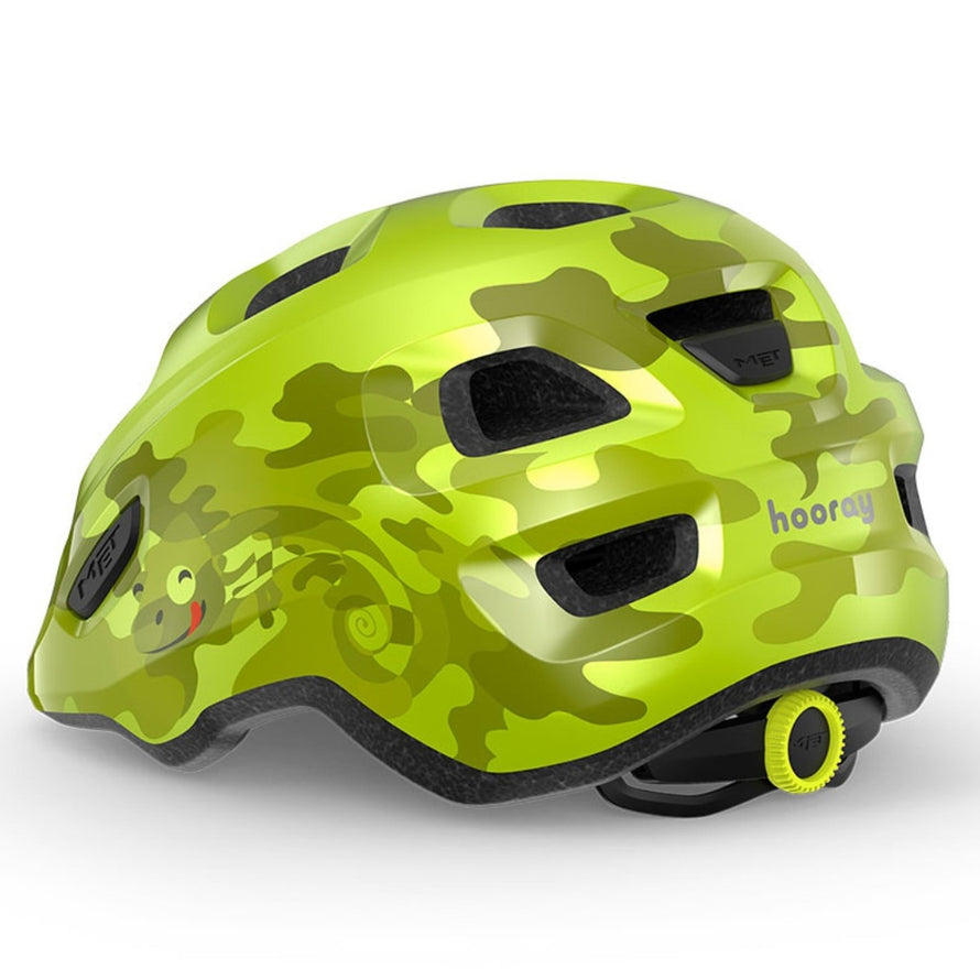 Casque vélo enfant Hourra MET camouflage vert jaune, compatible siège vélo enfant pour sécurité et confort