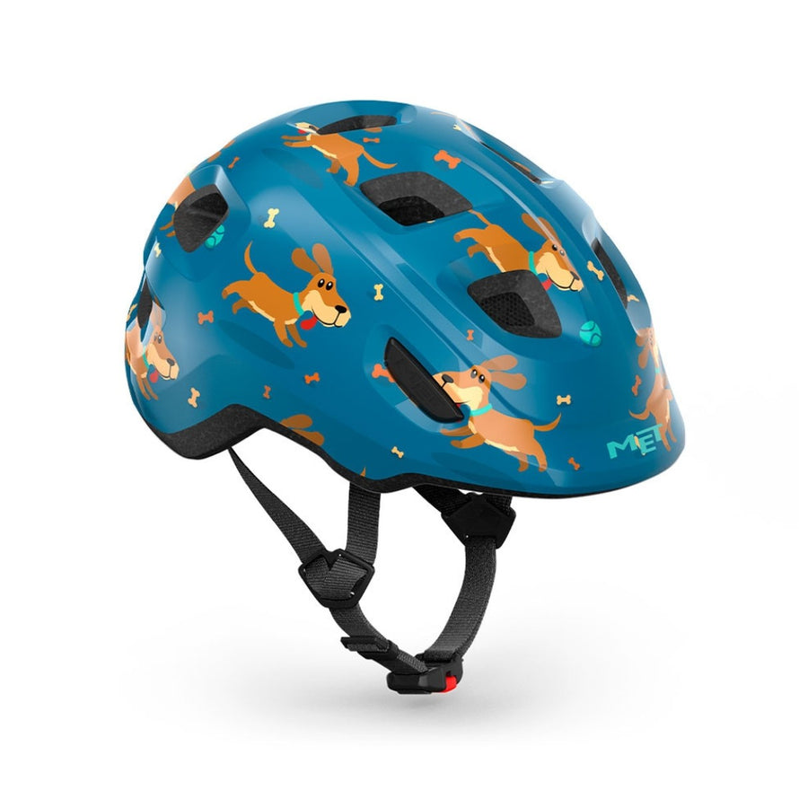 Casque vélo enfant Hourra MET bleu avec motifs chiens, conçu pour siège vélo enfant, sécurité et confort garantis