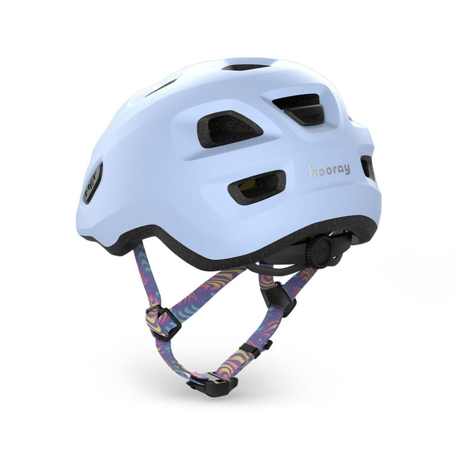 Casque vélo enfant Hourra MET bleu clair avec sangle multicolore, compatible siège vélo enfant pour sécurité et confort