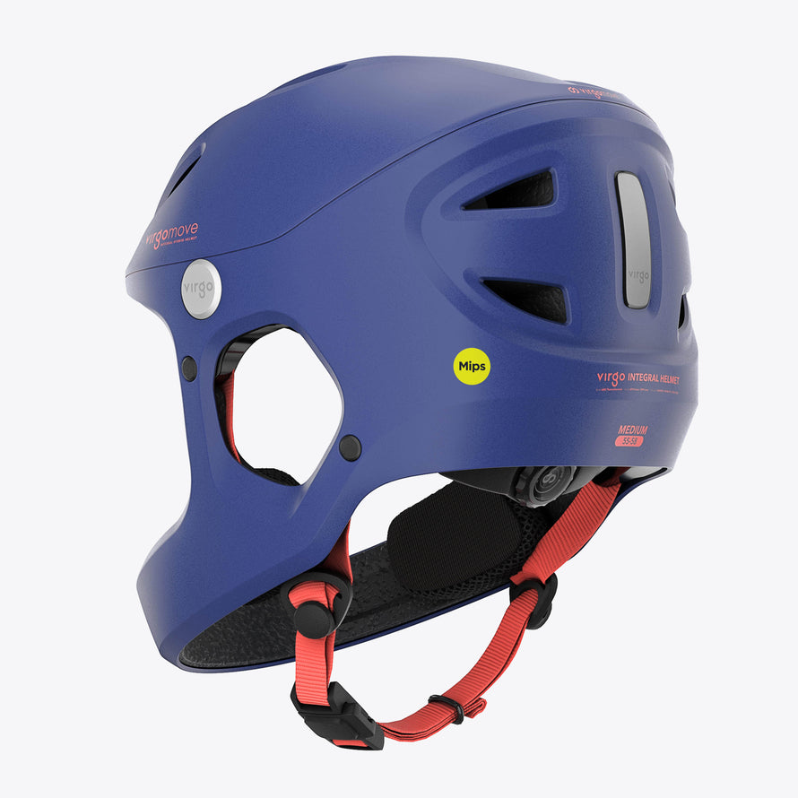 vue arrière du casque vélo enfant Virgo Kid Integral MIPS bleu avec mentonnière intégrale et protection renforcée.
