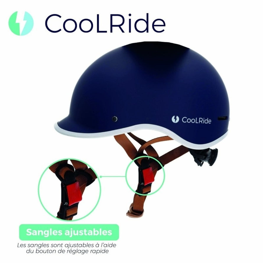 Casque vélo ville Coolride Headlock bleu avec visière et sangles réglables pour un confort urbain optimal