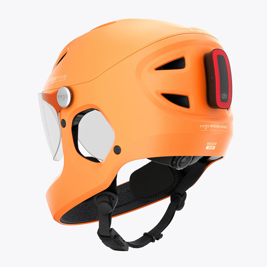 Casque Virgo Integral orange arrière – Zoom sur l’arrière du modèle orange avec feu arrière amovible, renforçant la visibilité en circulation.