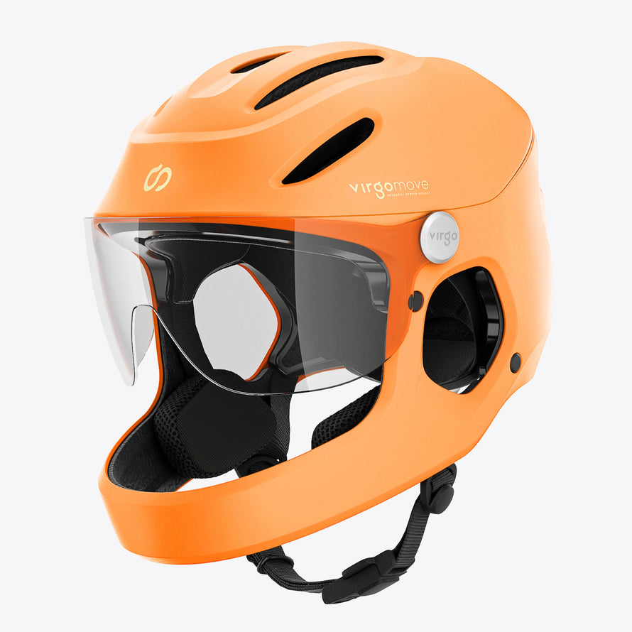Casque Virgo Integral orange – Vue de trois-quarts du casque orange avec visière transparente, idéal pour la mobilité urbaine rapide.